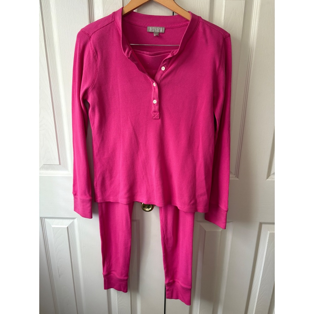 J. CREW Bright Pink Stretch Cotton Waffle Knit Thermal Henley Pajama Set L - Picture 2 of 11